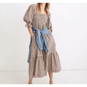Madewell 'Lucie' Sz Medium Gingham Puff Sleeve Midi Dress Brown Plaid Barn Fall